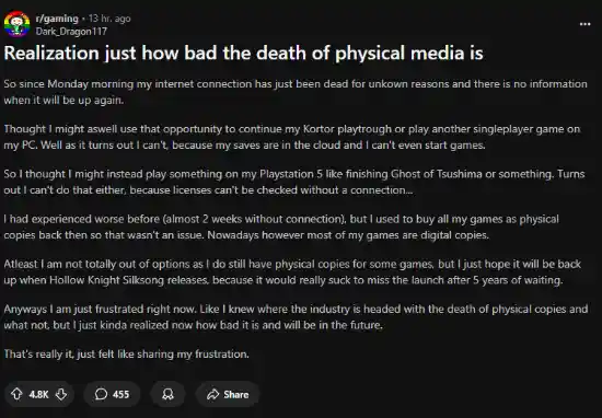 断网七日，数字游戏集体阵亡？玩家哀叹实体游戏时代的终结